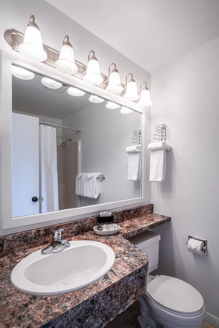 A bathroom with granite counter tops and a large mirror.