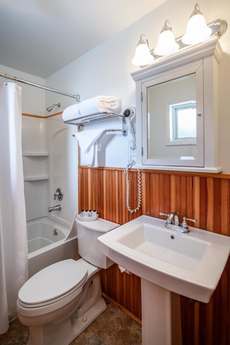 A bathroom with a toilet, sink, and shower.