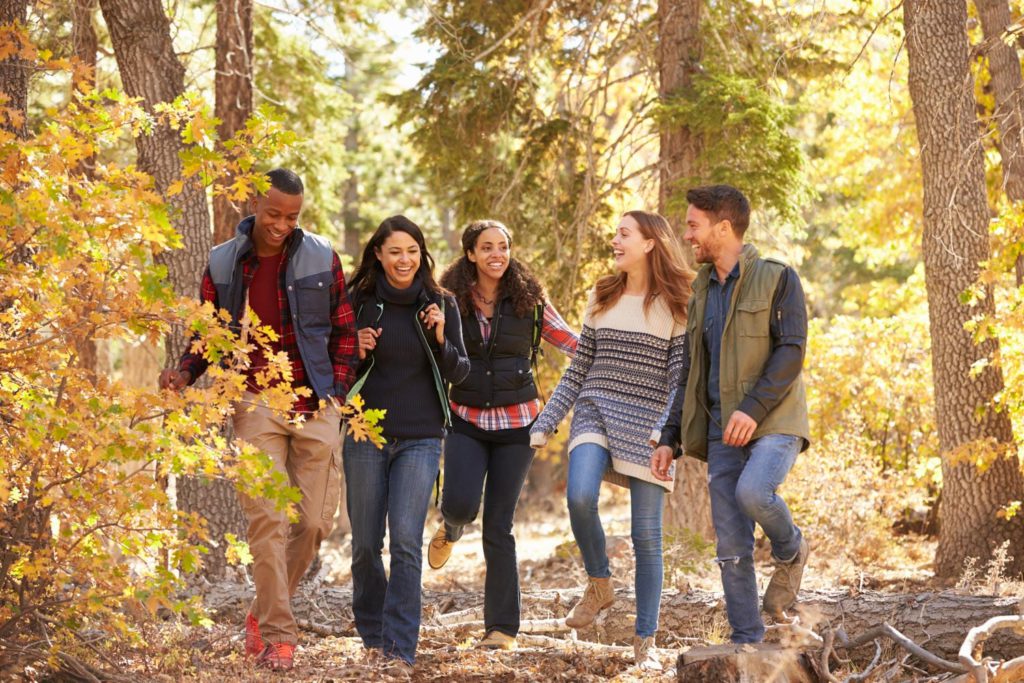 A group of friends walking through a wooded area.