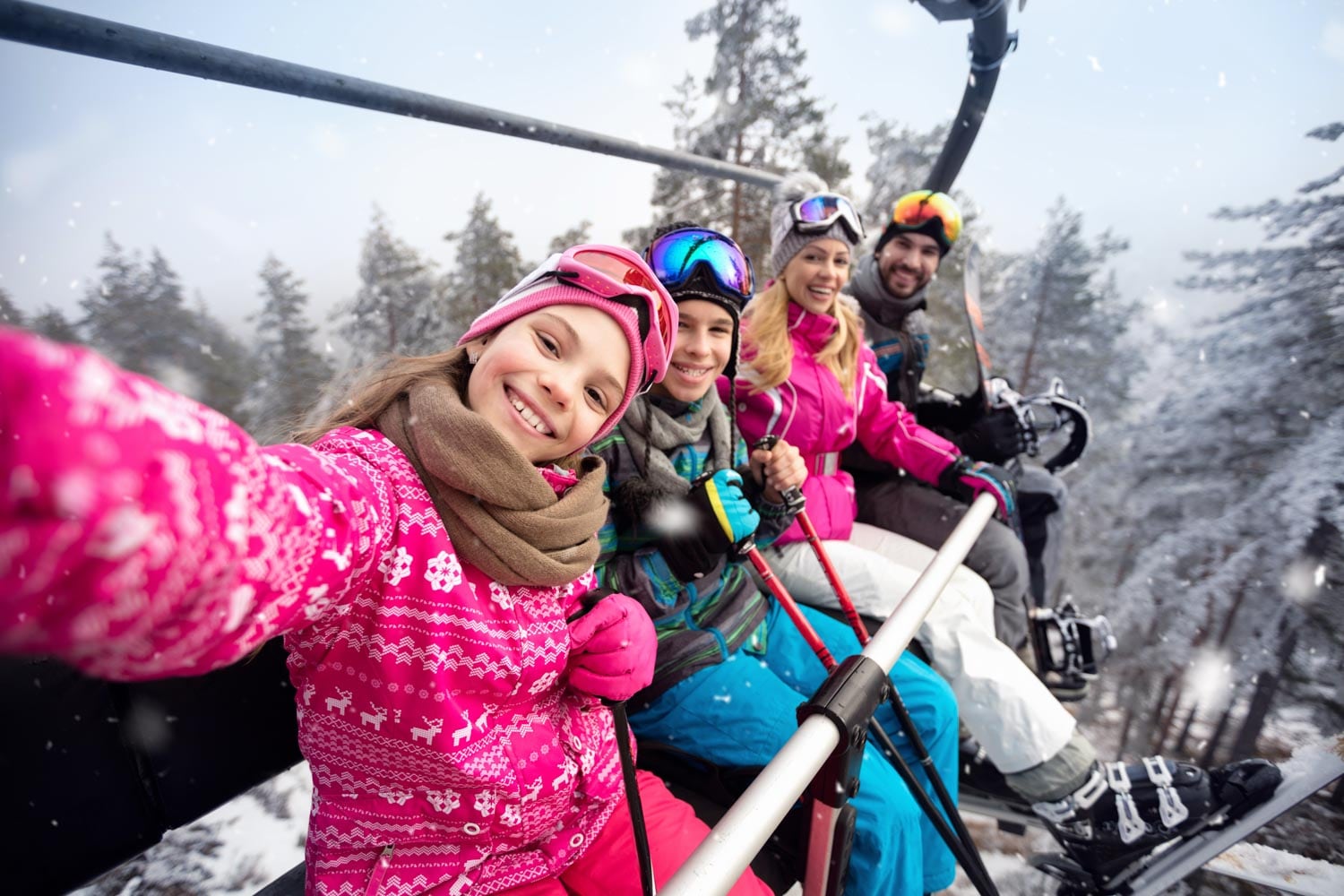 A group of people taking a selfie on a ski lift.