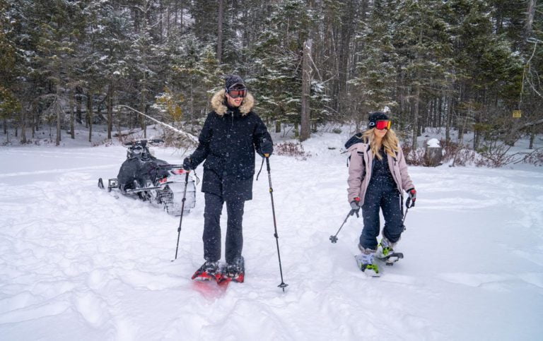 Two women on snowshoes in a wooded area.