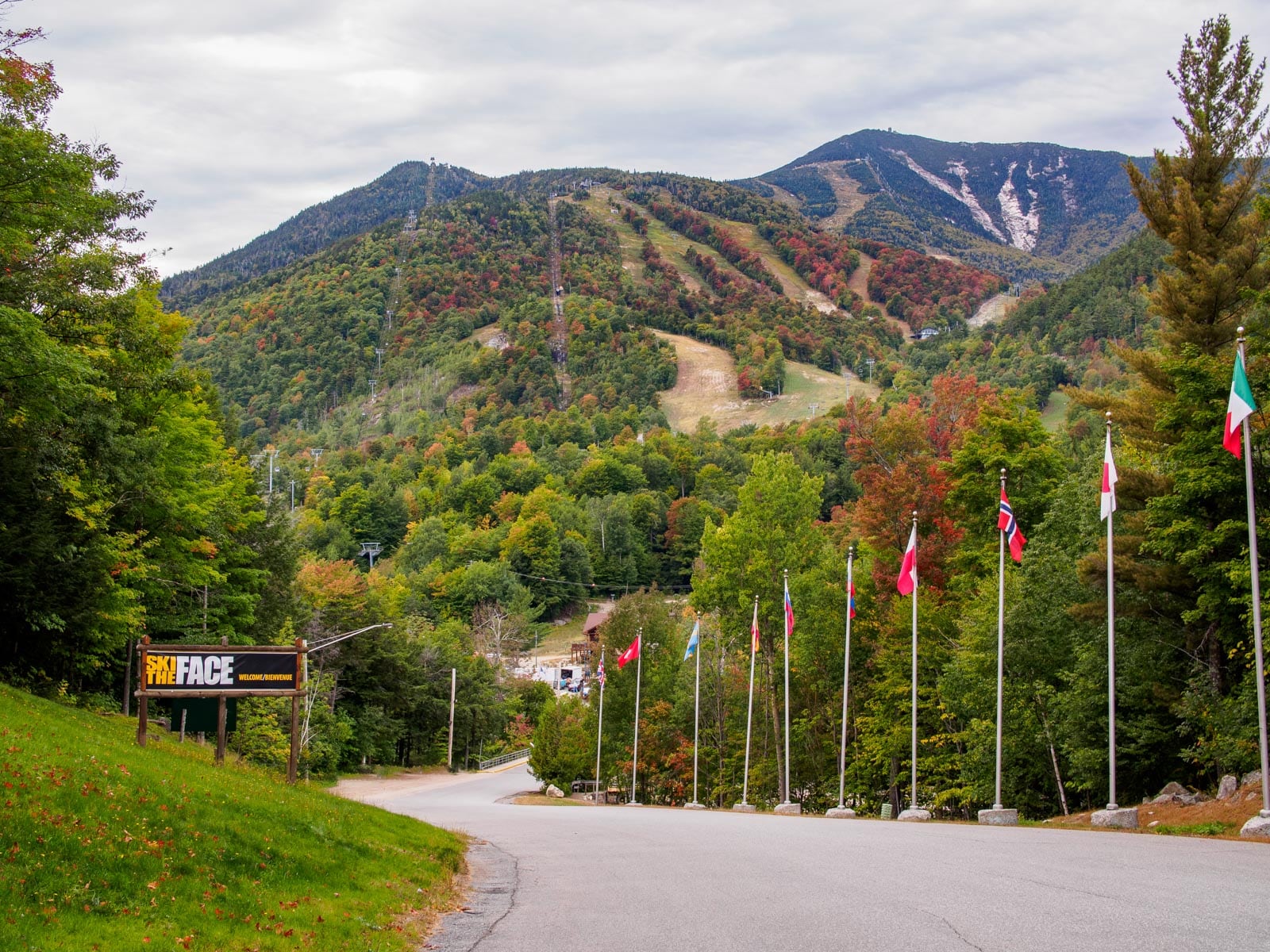 A road leading to a ski resort with flags flying.