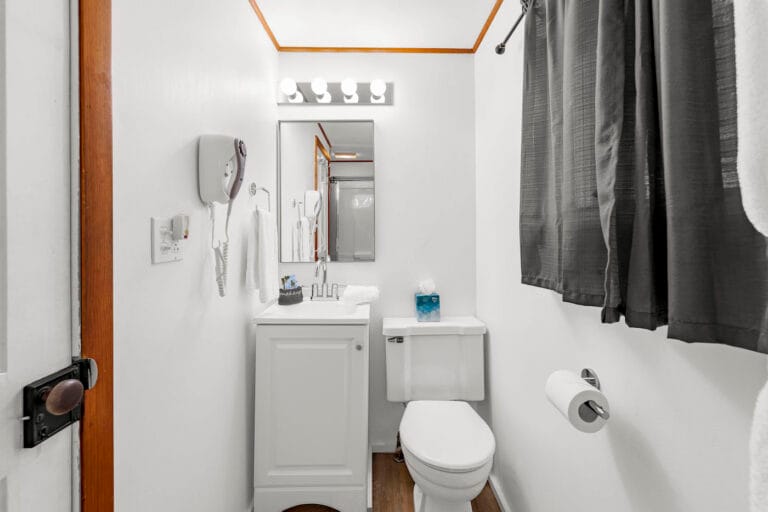 Small bathroom with white walls, a vanity with sink and mirror, toilet, and wall-mounted hairdryer. Dark curtains and wooden accents.