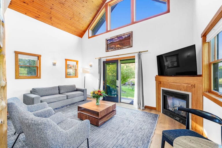 A modern living room with high wooden ceiling, gray couches, a fireplace, and a flat-screen TV. Large windows and a glass door reveal a green outdoor view.