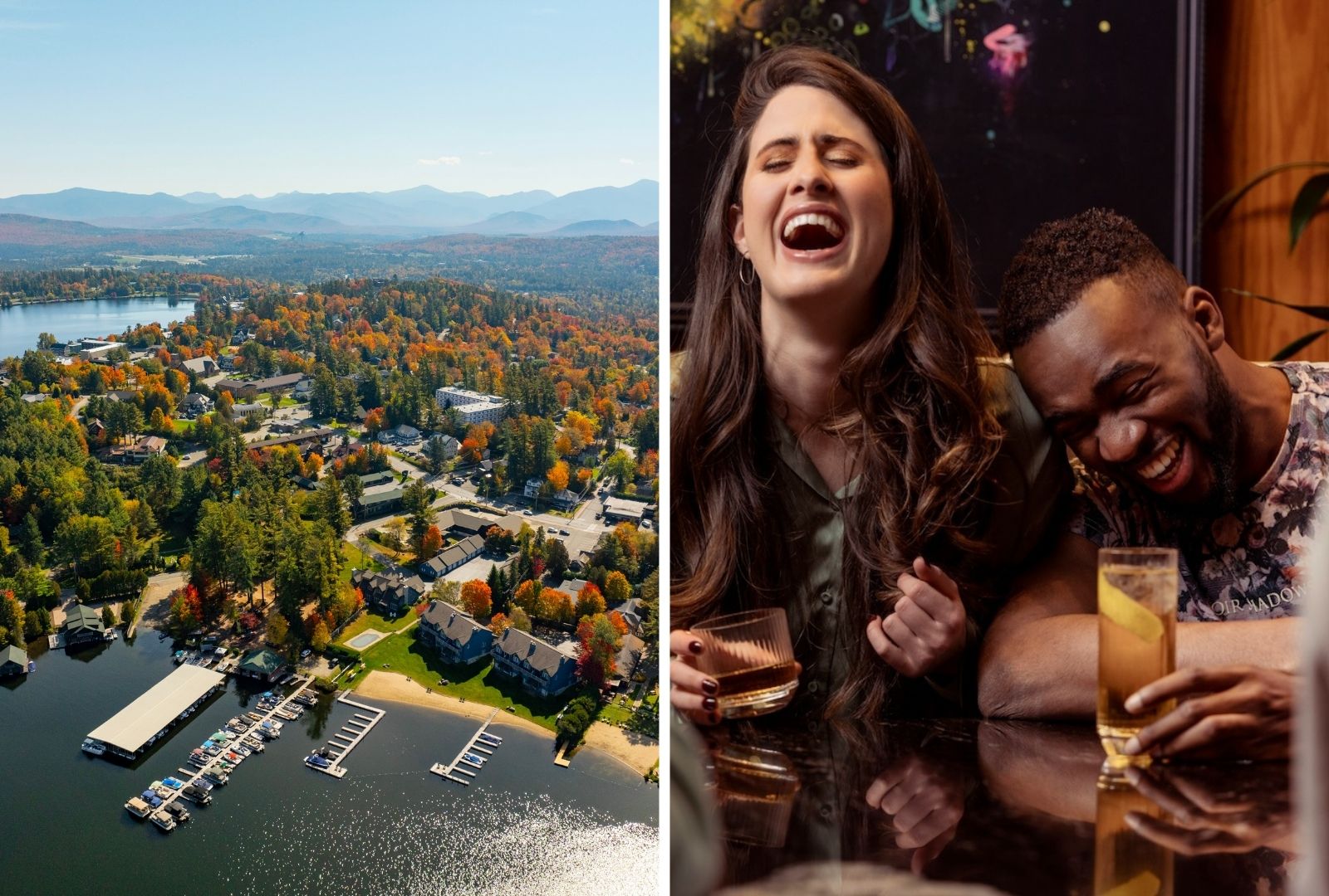 Split image: left side shows an aerial view of a lakeside town with docks and autumn trees; right side shows two people laughing and holding drinks at a bar.